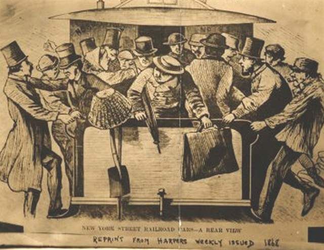 STREET RAILROAD CAR COMPANIES ruled the city.  By 1860, 14 companies were carrying more than 38 million passengers a year, at around five cents a ride. (Flash forward to 2011: The MTA's annual subway ridership was 1,640,434,672.)  In 1868, Harpers Weekly ran this cartoon: "New York Street Railroad CarsâA Rear View" showing men shoving to board a crowded trolley, proving mass transit ETIQUETTE lessons are timeless! With so many railroad cars and routes, plans started to emerge for underground and elevated railroads. The first "el" trial was in 1868, along Greenwich Street, and it wasn't until 1871 that the Ninth Avenue "el" opened. 19th century New York's elite and underbelly await you in BBC America's COPPER. Watch the premiere of the riveting new series from Academy AwardÂ®-winner Barry Levinson and EmmyÂ® Award-winner Tom Fontana on Sunday, August 19, at 10/9c, only on BBC America. For more updates on the series, be sure to like COPPER on Facebook and follow COPPER on Twitter.